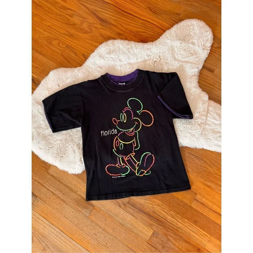 Vintage Disney Neon Mickey Mouse Florida Double Collar Single Stitch Tee Size S